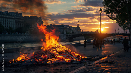 Bastille Day with a burning bonfire in the center of the city celebrating freedom and unity, Ai Generated Images