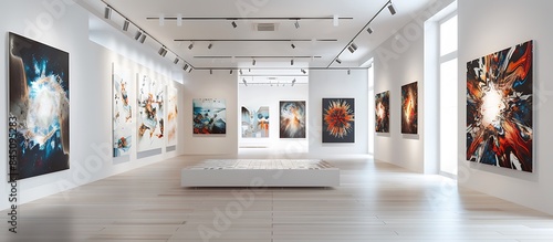 A spacious art gallery with minimalist white walls, featuring a series of intricate abstract paintings that draw viewers in with their complexity and detail.