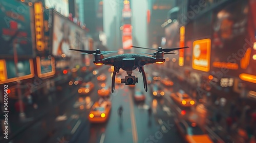 A drone flying over a city street as part of a global aerial surveillance network for enhanced security and situational awareness.