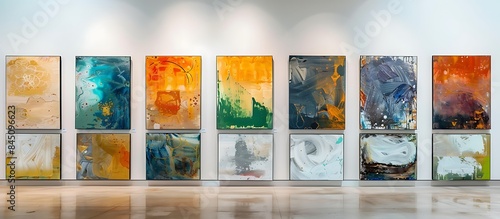 An art gallery wall adorned with a collection of abstract paintings, each employing a different technique to manipulate texture and depth. Full ultra 