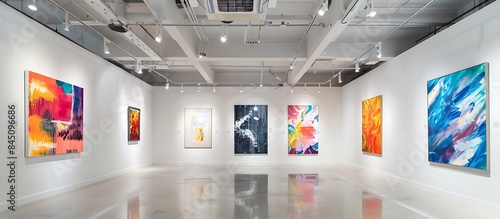 An art gallery with high ceilings and white walls, featuring a collection of abstract paintings in a clean, organized layout that enhances the minimalist aesthetic.