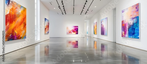 An art gallery with minimalist white walls and polished concrete floors, showcasing a collection of vibrant abstract paintings that add a touch of color and energy to the space.