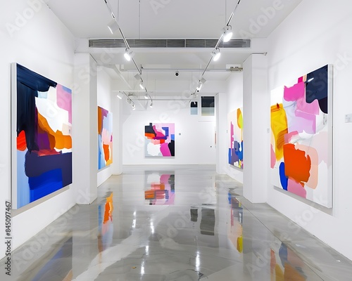 An elegant art gallery with white walls and polished concrete floors, displaying a curated collection of abstract paintings in bold colors that bring energy and vibrancy to the minimalist setting.
