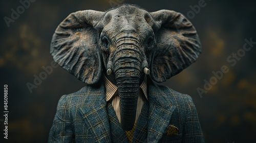 An anthropomorphic elephant, radiating success and confidence, stands tall in a dapper suit, embodying the qualities of a charismatic leader and fashion-forward gentleman.