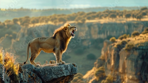 A lion is sitting on a rock and roaring