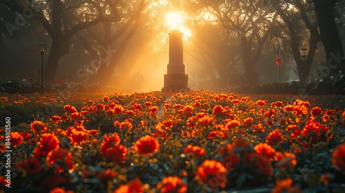 Amidst a field of vibrant flowers and fluttering flags, a solitary tomb of an unknown soldier stands as a testament to the community's unity. The soft morning light casts golden hues through the trees