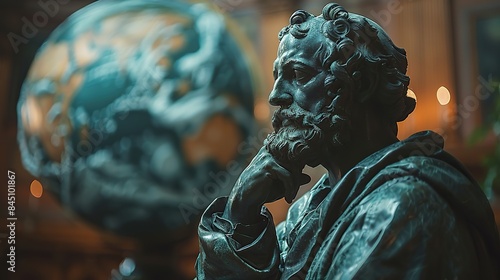 Blurred planetarium backdrop illuminates a statue of a philosopher, invoking contemplation on astronomy and the cosmos, amidst natural light and soft shadows, leaving ample copy space.