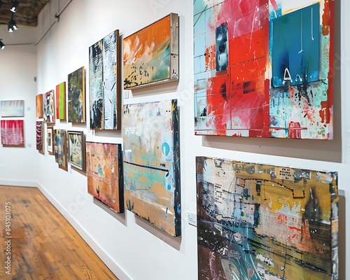 Interior view focusing on a section of an art gallery wall displaying a collection of vintage inspired abstract paintings, each evoking a sense of motion 