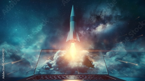 2. Picture a mesmerizing scene where a sleek rocket emerges from the digital confines of a laptop screen, soaring into the azure expanse beyond, symbolizing the limitless possibilities unleashed by