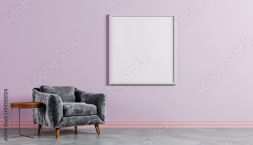 Single square frame on a light purple wall in a living room interior. The room includes a gray velvet armchair and a wooden side table.