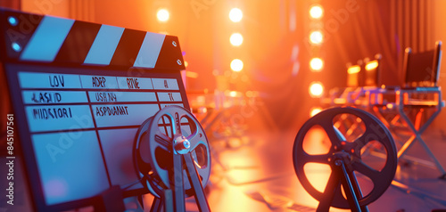 Cinematic movie set with clapperboard and film reel with lights concept of film in the background