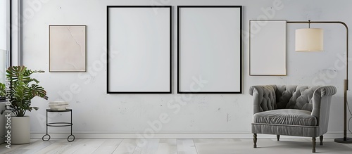 Two square frames on a white wall in a contemporary living room with a light gray velvet armchair and a modern floor lamp.