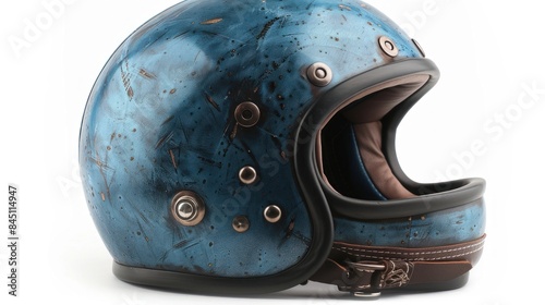 Open face old school motorcycle helmet blue ancient vintage for retro motorbike
