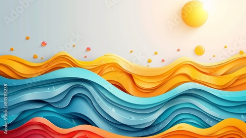 Abstract paper cut art with wavy lines in blue, orange, yellow, and red, resembling water and sand. Sun in the background.