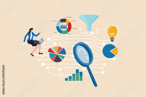 Business intelligence data analysis for business insight, database or statistics, marketing technology or data funnel or indicator concept, businesswoman work with data analysis and magnifying glass.