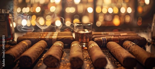 A close-up of a variety of cigars in a luxurious cigar lounge, detailed textures of the cigar wraps, soft focus on a background