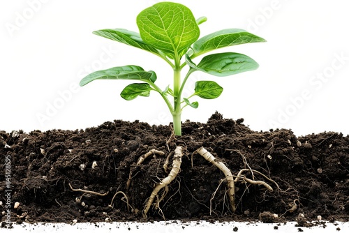 A green can identifiable plant roots, growing out from the ground in garden soil.