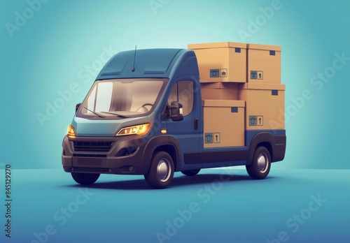 3D vector delivery van carrying a cargo box. Represents delivery and online shopping. EPS 10 vector.