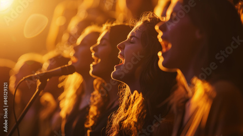 A group of women singing in a choir with microphones