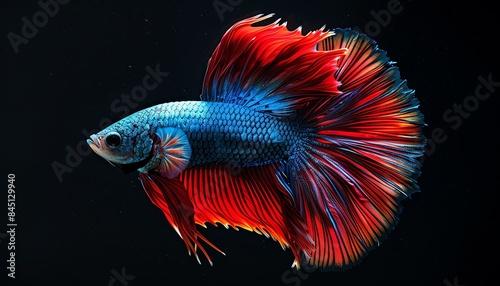 Blue and red betta fish, black background, vibrant fins