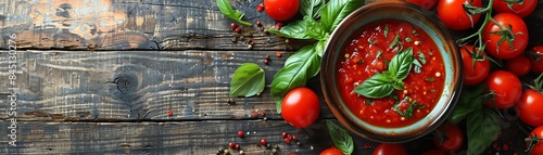 Fresh tomatoes with a bowl of tomato sauce, rustic wooden table, natural light, herbs