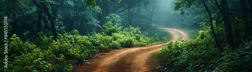 Winding dirt road through lush green forest, soft lighting, peaceful scene, wide angle