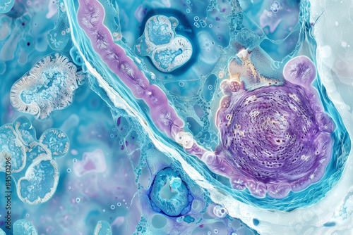 A colorful image of a cell with a purple and blue blob in the center