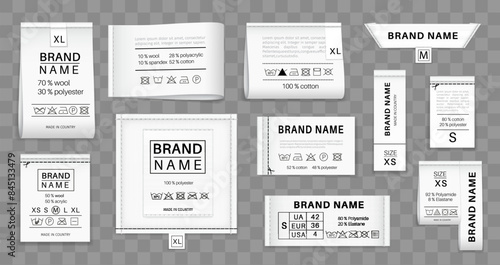 Realistic laundry labels. Clothing tags, realistic 3d vector set of fabric clothes labels presenting brand names, fabric compositions, care instructions and sizes isolated on transparent background