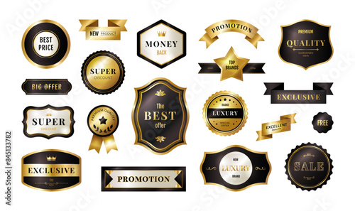 Gold label. Banner ribbon, icon and sticker in luxury 3d best design, exclusive premium sale offer. emblem and badge black and gold metallic colors. Product promotional discount. Vector signs