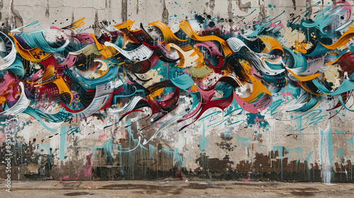 A colorful graffiti mural with a blue and yellow wave