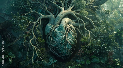 A human heart intertwined with tree roots, symbolizing connection to nature. Lush greenery surrounds the heart, creating a surreal and ethereal scene.