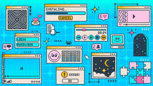 Retro y2k page, computer window interface. Vector pc desktop. Blue, rave screen background in old 2000s aesthetic style with loading bar, program error, e-mail, puzzle game, player, login and password