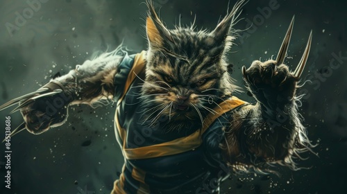 A superhero cat in a Wolverine outfit, with a beard and angry expression, strikes Wolverine's pose with extended claws. Its fur is dark and striped, muscular build evident, set against a dramatic,dark