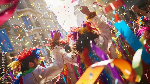 A group of revelers in festive costumes dance and celebrate together in a street party. Confetti and streamers fly through the air, adding to the lively atmosphere
