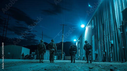 A low-angle photograph of armed guards patrolling the perimeter of a military storage facility at night