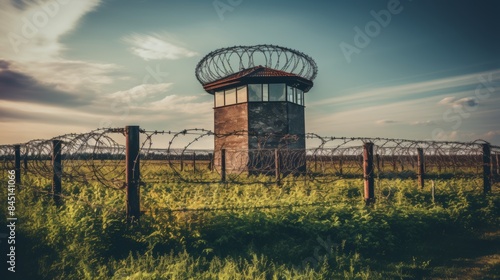Top-secret military installation secured with barbed wire and advanced alarm systems