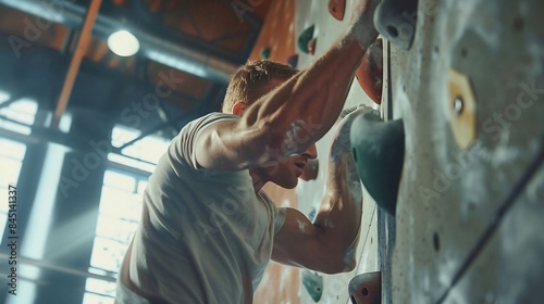 A man grips the pull-up bar firmly, his muscles taut with anticipation. He pulls his body upward with controlled strength, engaging his biceps, back, and core. As his chin clears the bar, his arms fle