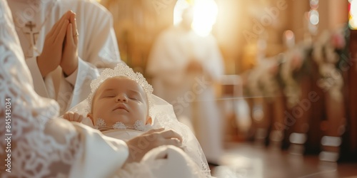 Baptism of a small baby in the church. Christian religion and rituals concept. Banner with copyspace. Shallow depth of field