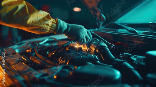 Close-up of mechanic's hands in gloves front view under car hood with apron fixing engine dark background futuristic 