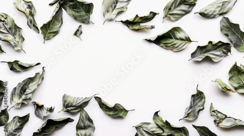 Dry Organic Bhringraj Leaves on White Background viewed from Top