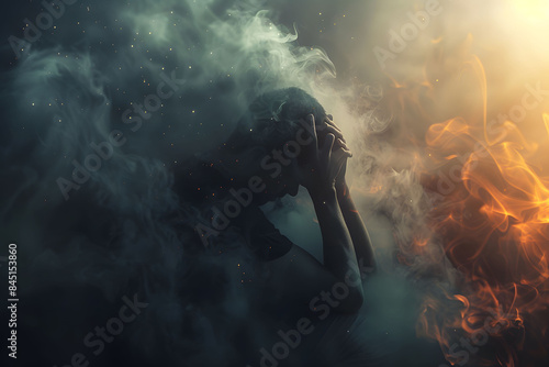 A sad depressed man dealing with emotional pain, sitting alone with a worried expression, hands raised to his head, set against a misty dark background.