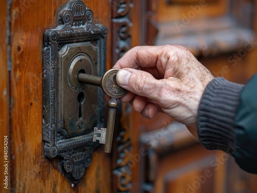 close-up view of a male hand firmly gripping a key as it inserts into a keyhole. The key and keyhole are part of a solid, intricately designed lock on a sturdy door. The hand, 