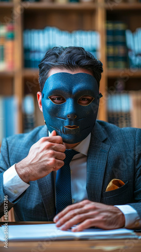 Businessman Wearing Mask in Office, Symbolizing Workplace Hypocrisy and Concealed Emotions, Professional Attire, Daytime, Corporate Environment, Deception Concept