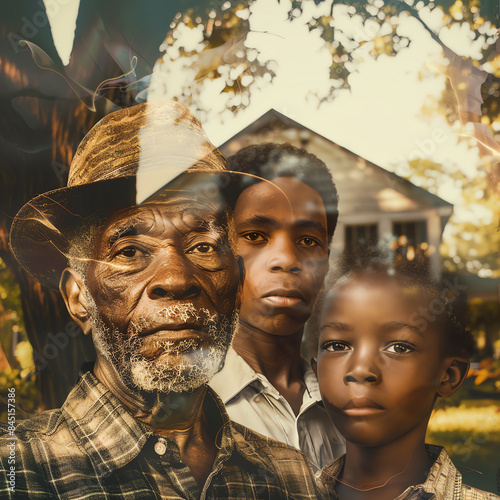 Generational portrait of an African American family on Juneteenth, highlighting their storytelling legacy (close up, dynamic, Composite, historical home backdrop)