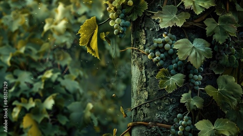 Grapevines climbing up a support pole