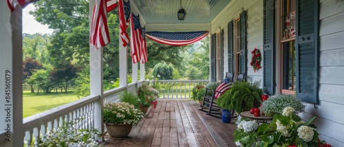 A porch decorated with patriotic bunting and flags