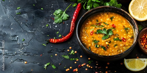 Indian lentil soup daal with a side of lemon and red chili. Concept Indian Cuisine, Lentil Soup, Daal, Lemon, Red Chili