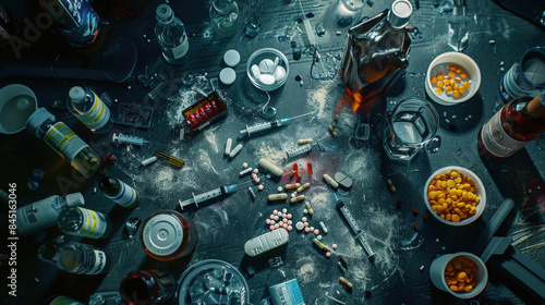 Doping. An overhead view of a table littered with various pills, jars of medicines, syringes, powders, illegal drugs and a bottle of alcohol. Doping in sports is a deception