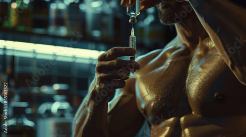 A muscular black man is filling a syringe with liquid with steroids from a vial. The doping scandal. The price of victory. Doping can help athletes strengthen strength and muscles