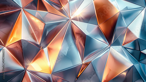 Abstract Copper and Blue Metallic Triangular Geometric Facets Background Texture, Digital Art, 3D Render Illustration